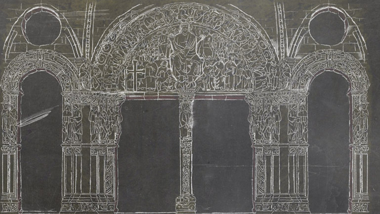 El Pórtico de la Gloria dibujado a tiza, como escenario de la acción. En toda las ilustraciones buscamos un punto intermedio entre complejidad y simplicidad en los que las formas fueran reconocibles desde el primer visionado, pero esta nos gustaría destacarla por el cuidado y la dedicación que requirió una ilustración basada en un monumento con tanto detalle El Pórtico de la Gloria dibujado a tiza, como escenario de la acción (Duplo).