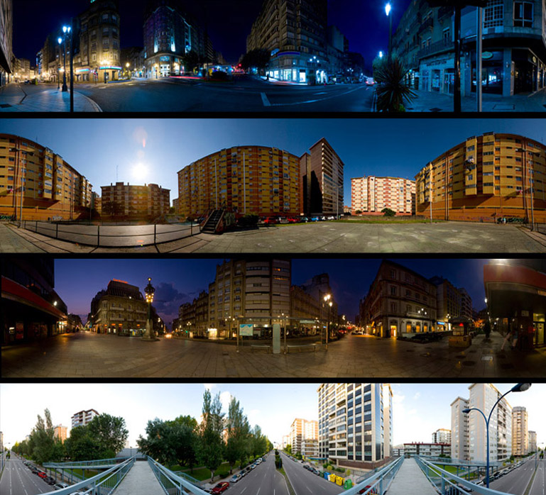 Panorámicas de diferentes zonas de la ciudad de Vigo. La selección de las localizaciones fue realizada por El Puto Coke, como lugares significativos de su experiencia urbana.