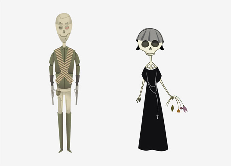 Esbozos preliminares de Mr. War (señor Guerra) y Ms. Dead (Señora Muerte). Esbozos preliminares al modelado 3D de los personajes de Mr. War (señor Guerra) y Ms. Dead (Señora Muerte) elaborados por Pirusca para Duplo..