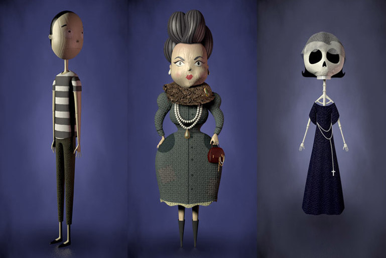 Modelado 3D y texturado de los personajes Mr Indifference (Señor Indiferencia), Mrs Greed (Señora Avaricia) y Mrs Death (Señora Muerte). Hemos trabajado a nivel de texturas y sombreado para que los modelos tuvieran ese carácter de títere que se perseguía. Modelado 3D y texturado de los personajes Mr Indifference (Señor Indiferencia), Mrs Greed (Señora Avaricia) y Mrs Death (Señora Muerte).