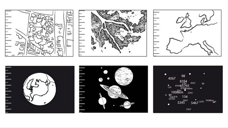 Fragmento del storyboard. Define la parte en la cual sobrevolamos el territorio físico de la tierra hasta llegar a mostrar los planetas.